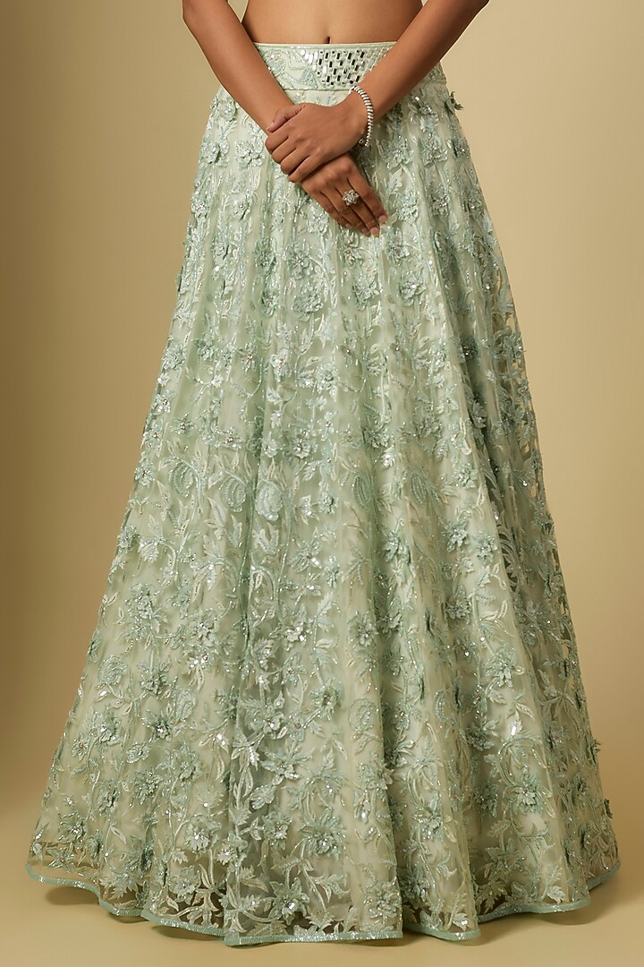 Mint Green Satin Organza & Tulle Hand Embroidered Bridal Lehenga Set by ASAGA at Pernia's Pop Up Shop
