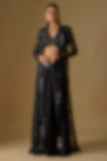 Black Tulle Hand & Machine Embroidered Jacket Set by ASAGA at Pernia's Pop Up Shop