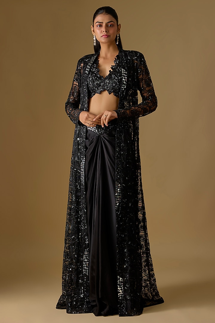 Black Tulle Hand & Machine Embroidered Jacket Set by ASAGA at Pernia's Pop Up Shop