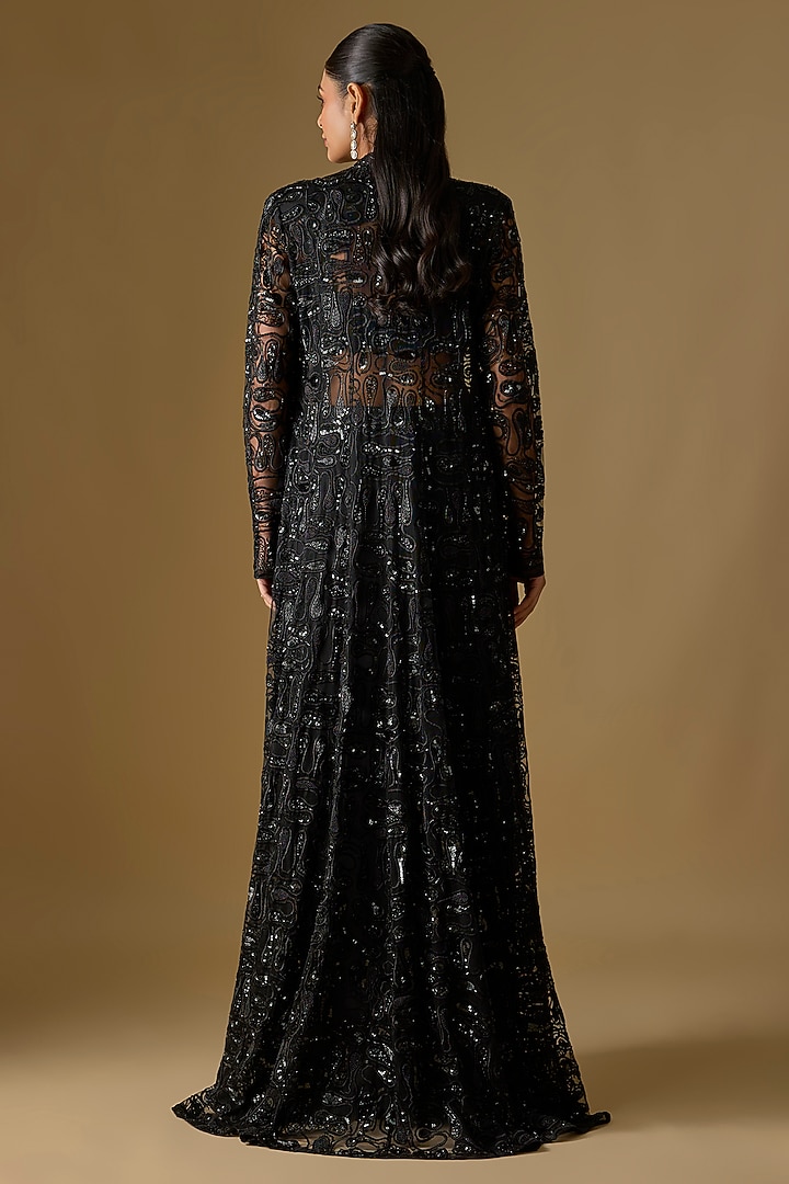 Black Tulle Hand & Machine Embroidered Jacket Set by ASAGA at Pernia's Pop Up Shop
