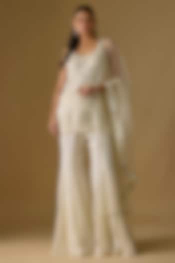 Ivory Tulle & Satin Wedding Sharara Set by ASAGA at Pernia's Pop Up Shop