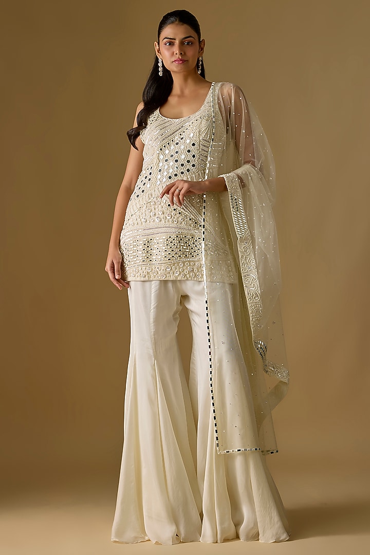 Ivory Tulle & Satin Wedding Sharara Set by ASAGA at Pernia's Pop Up Shop