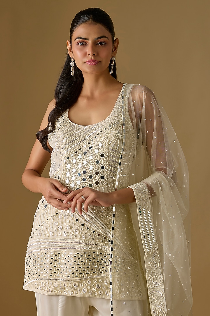 Ivory Tulle & Satin Wedding Sharara Set by ASAGA at Pernia's Pop Up Shop
