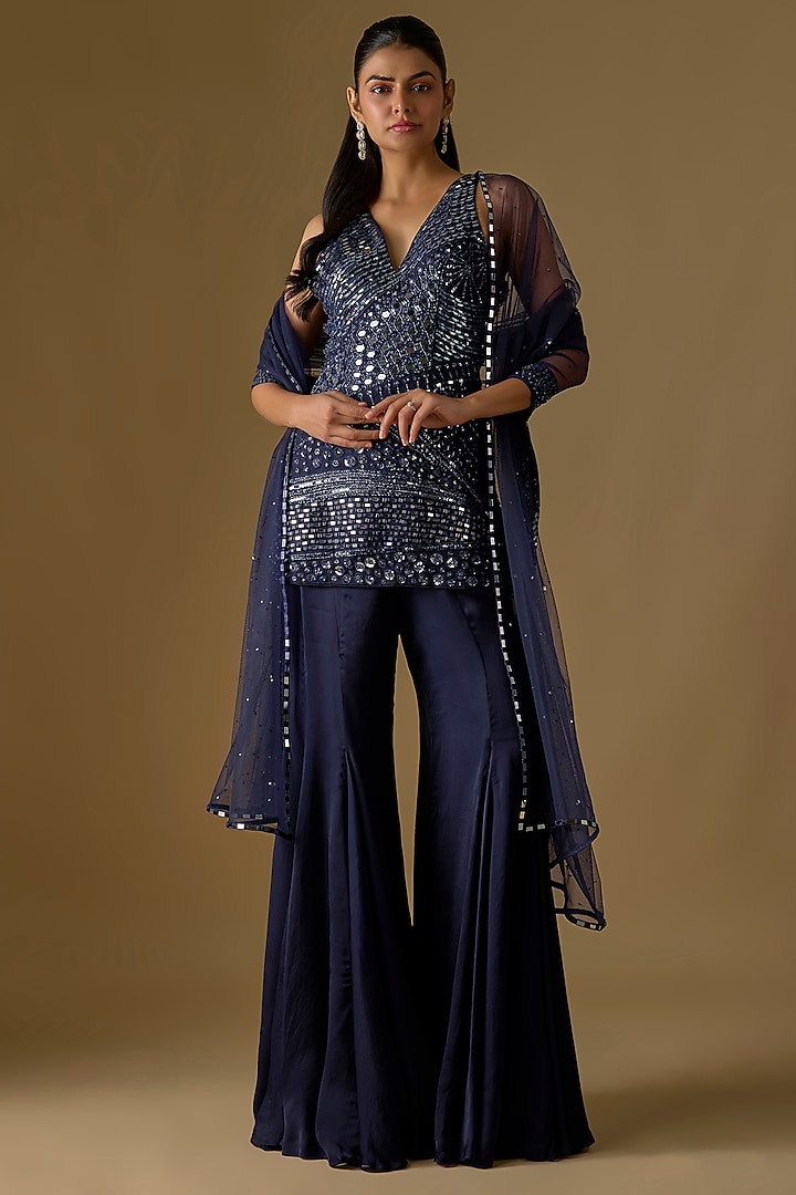 Navy Blue Tulle & Satin Wedding Sharara Set by ASAGA at Pernia's Pop Up Shop