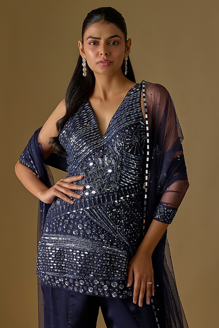 Navy Blue Tulle & Satin Wedding Sharara Set by ASAGA at Pernia's Pop Up Shop