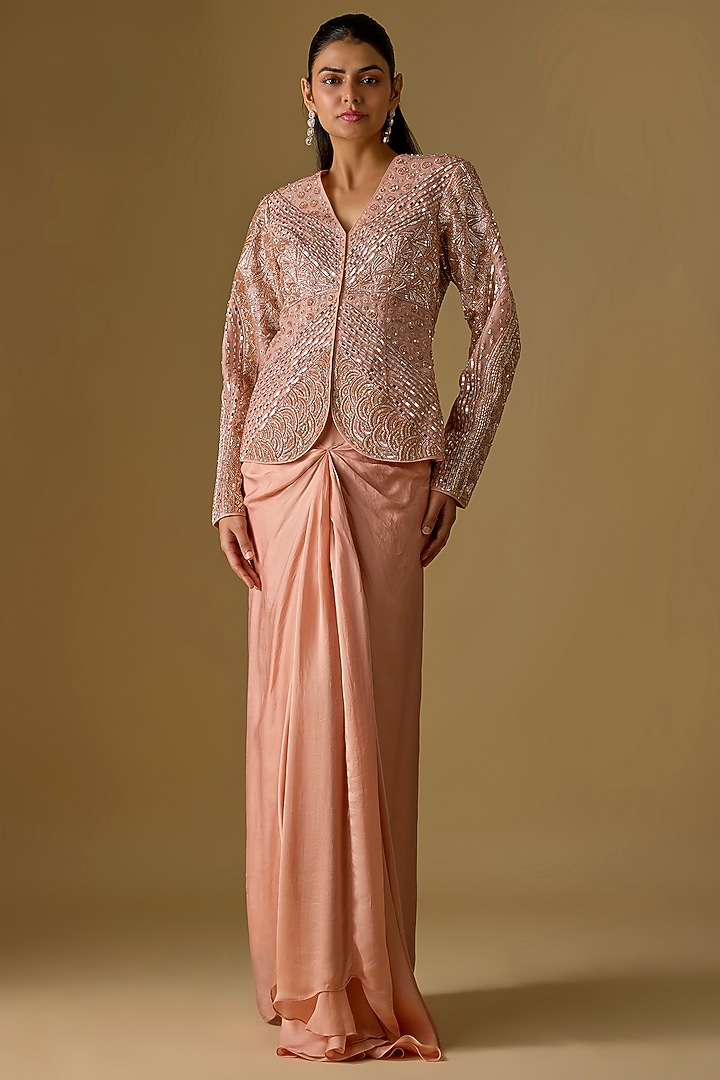 Rose Gold Satin Organza Draped Skirt Set by ASAGA at Pernia's Pop Up Shop