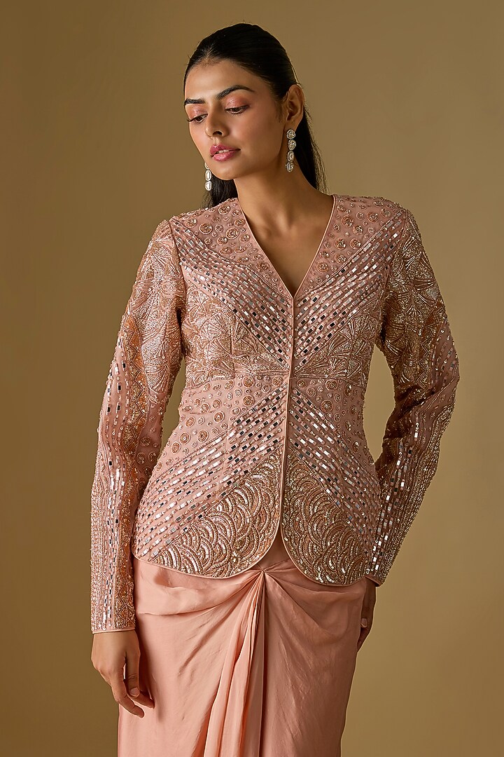 Rose Gold Satin Organza Draped Skirt Set by ASAGA at Pernia's Pop Up Shop