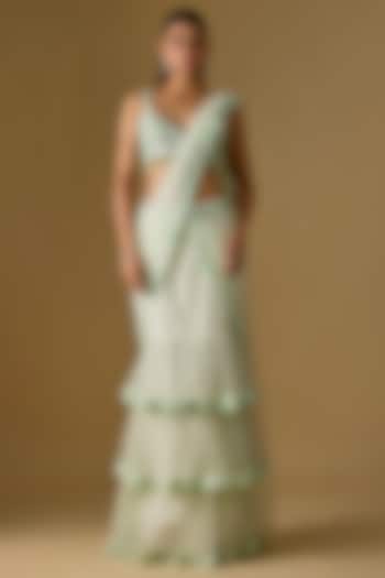 Mint Satin & Tulle Organza Pre-Draped Reception Saree Set by ASAGA at Pernia's Pop Up Shop