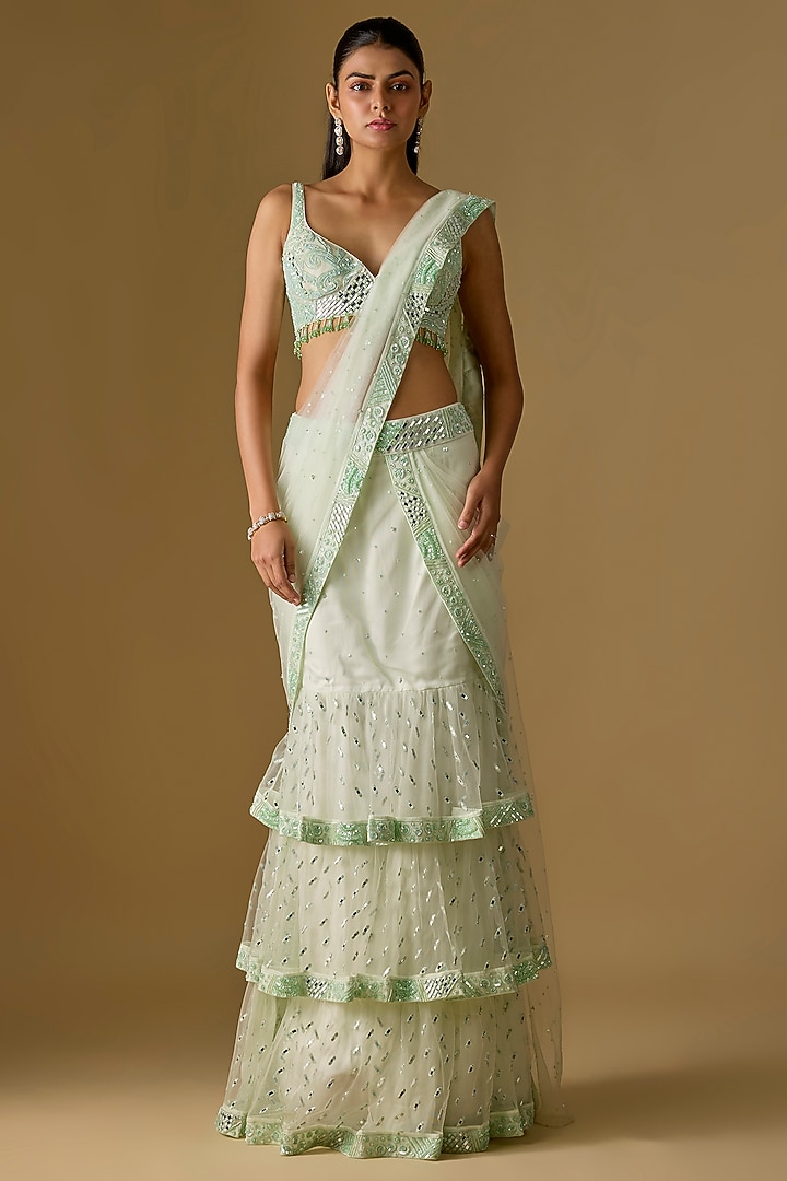 Mint Satin & Tulle Organza Pre-Draped Reception Saree Set by ASAGA at Pernia's Pop Up Shop