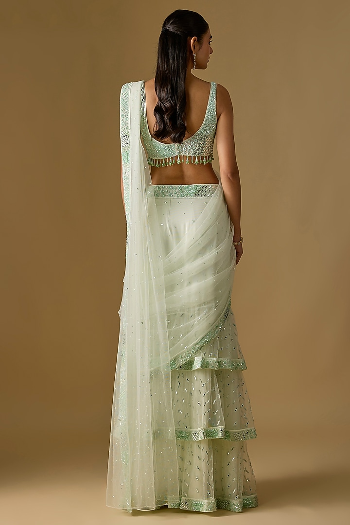 Mint Satin & Tulle Organza Pre-Draped Reception Saree Set by ASAGA at Pernia's Pop Up Shop
