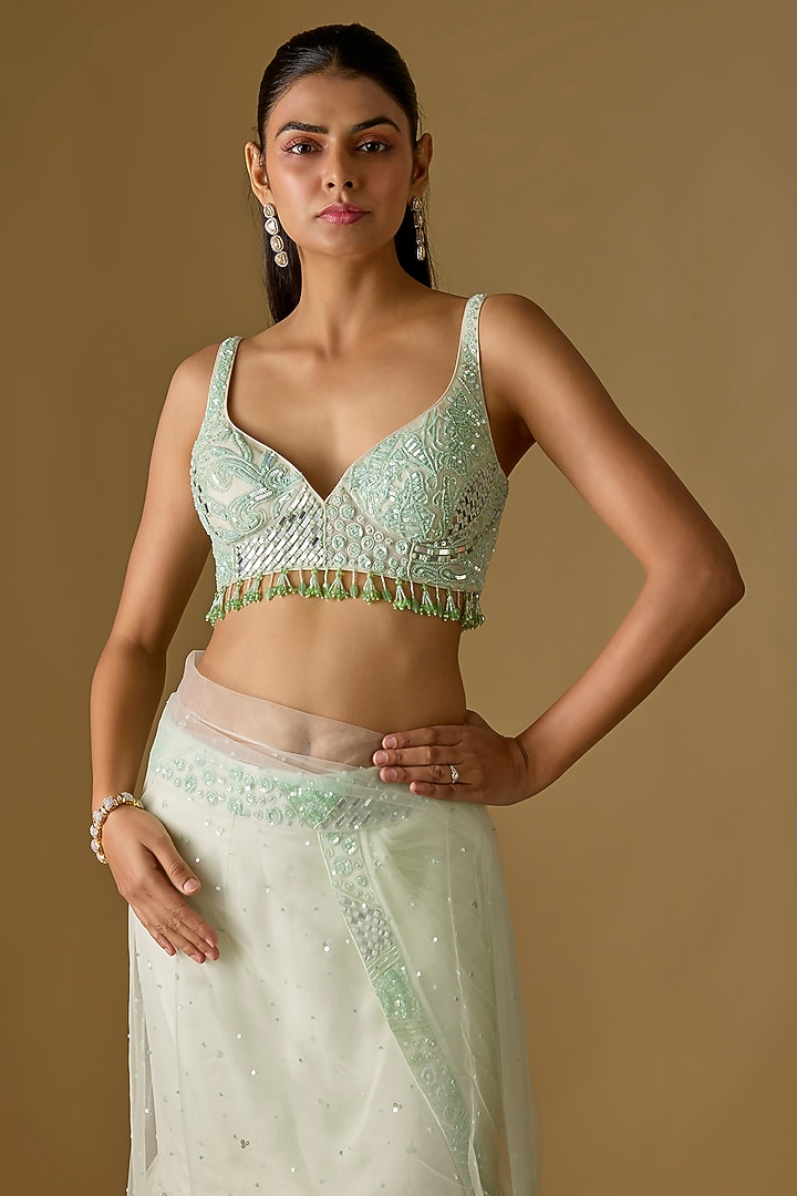 Mint Satin & Tulle Organza Pre-Draped Reception Saree Set by ASAGA at Pernia's Pop Up Shop