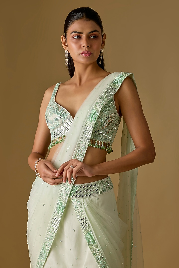 Mint Satin & Tulle Organza Pre-Draped Reception Saree Set by ASAGA at Pernia's Pop Up Shop