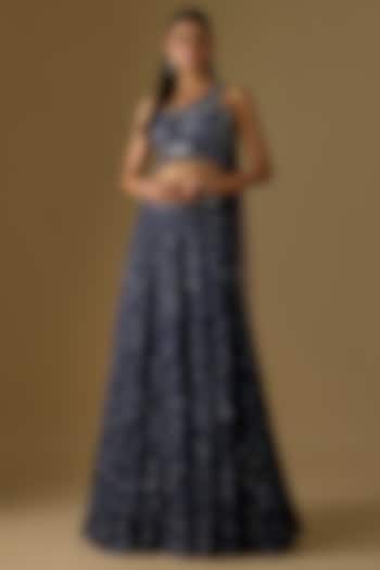 Navy Blouse Tulle Hand & Machine Embroidered Bridal Lehenga Set by ASAGA at Pernia's Pop Up Shop