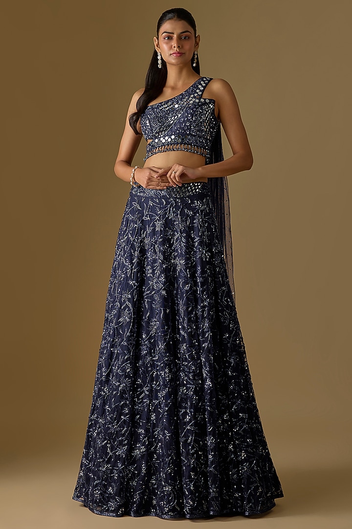 Navy Blouse Tulle Hand & Machine Embroidered Bridal Lehenga Set by ASAGA at Pernia's Pop Up Shop