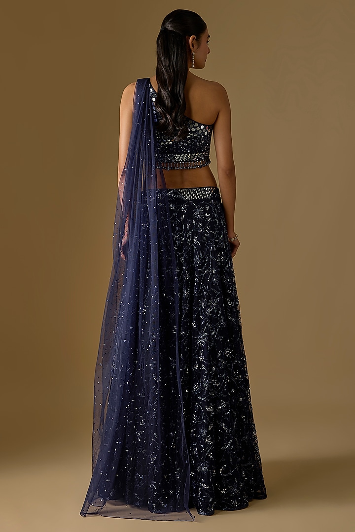Navy Blouse Tulle Hand & Machine Embroidered Bridal Lehenga Set by ASAGA at Pernia's Pop Up Shop