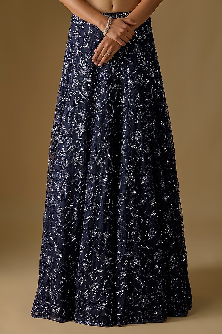 Navy Blouse Tulle Hand & Machine Embroidered Bridal Lehenga Set by ASAGA at Pernia's Pop Up Shop
