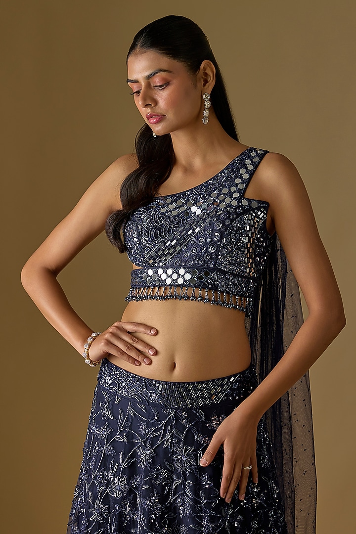 Navy Blouse Tulle Hand & Machine Embroidered Bridal Lehenga Set by ASAGA at Pernia's Pop Up Shop