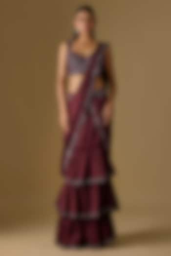 Wine Satin & Tulle Hand Embroidered Pre-Draped Reception Saree Set by ASAGA at Pernia's Pop Up Shop