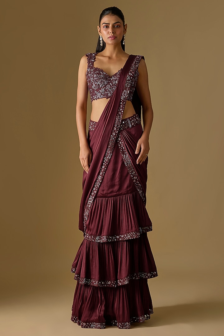 Wine Satin & Tulle Hand Embroidered Pre-Draped Reception Saree Set by ASAGA at Pernia's Pop Up Shop