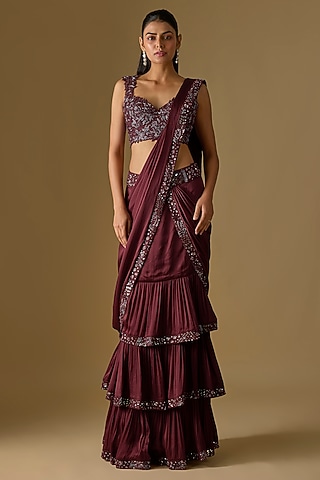 Wine Satin & Tulle Hand Embroidered Pre-Draped Saree Set by ASAGA