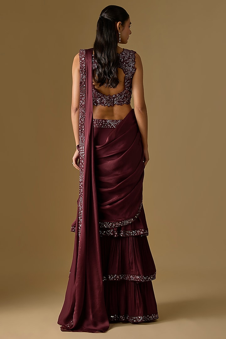 Wine Satin & Tulle Hand Embroidered Pre-Draped Reception Saree Set by ASAGA at Pernia's Pop Up Shop