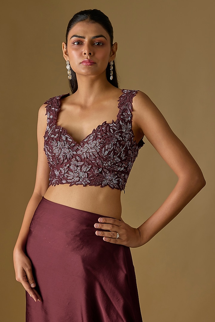 Wine Satin & Tulle Hand Embroidered Pre-Draped Reception Saree Set by ASAGA at Pernia's Pop Up Shop
