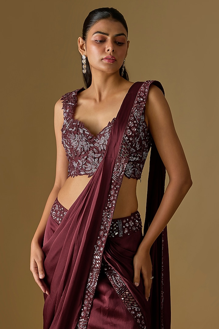 Wine Satin & Tulle Hand Embroidered Pre-Draped Reception Saree Set by ASAGA at Pernia's Pop Up Shop