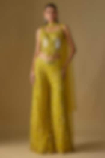 Yellow Satin Hand & Machine Embroidered Bridal Sharara Set by ASAGA at Pernia's Pop Up Shop