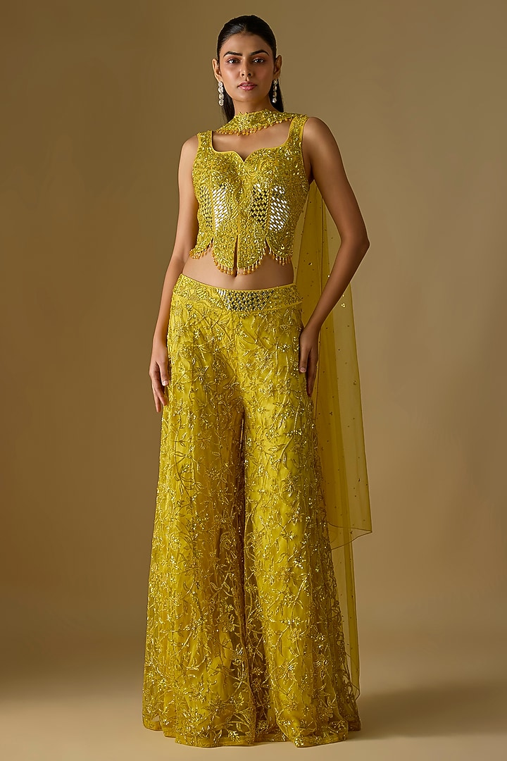 Yellow Satin Hand & Machine Embroidered Bridal Sharara Set by ASAGA at Pernia's Pop Up Shop