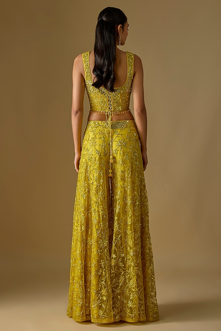 Yellow Satin Hand & Machine Embroidered Bridal Sharara Set by ASAGA at Pernia's Pop Up Shop