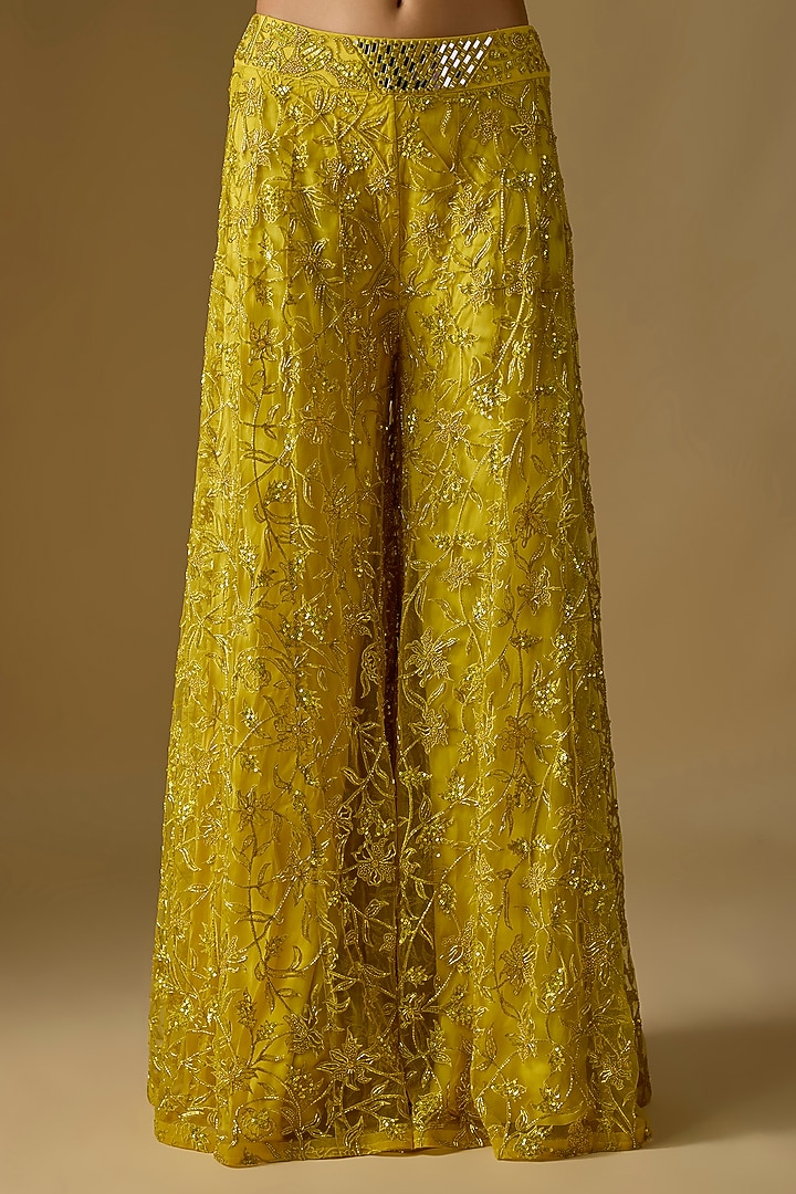 Yellow Satin Hand & Machine Embroidered Bridal Sharara Set by ASAGA at Pernia's Pop Up Shop
