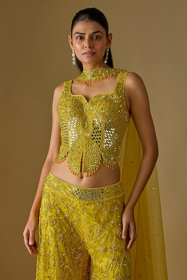 Yellow Satin Hand & Machine Embroidered Bridal Sharara Set by ASAGA at Pernia's Pop Up Shop