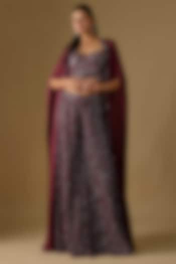 Wine Satin Hand & Machine Embroidered Bridal Sharara Set by ASAGA at Pernia's Pop Up Shop