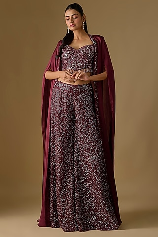 Wine Satin Hand & Machine Embroidered Sharara Set  by ASAGA