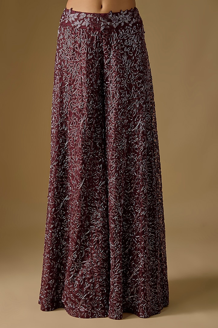 Wine Satin Hand & Machine Embroidered Bridal Sharara Set by ASAGA at Pernia's Pop Up Shop