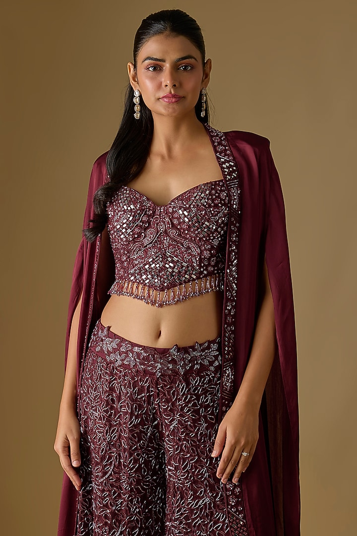 Wine Satin Hand & Machine Embroidered Bridal Sharara Set by ASAGA at Pernia's Pop Up Shop