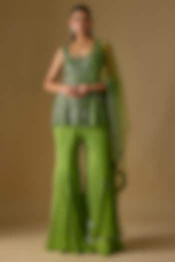 Olive Green Satin Hand & Machine Embroidered Wedding Sharara Set  by ASAGA at Pernia's Pop Up Shop