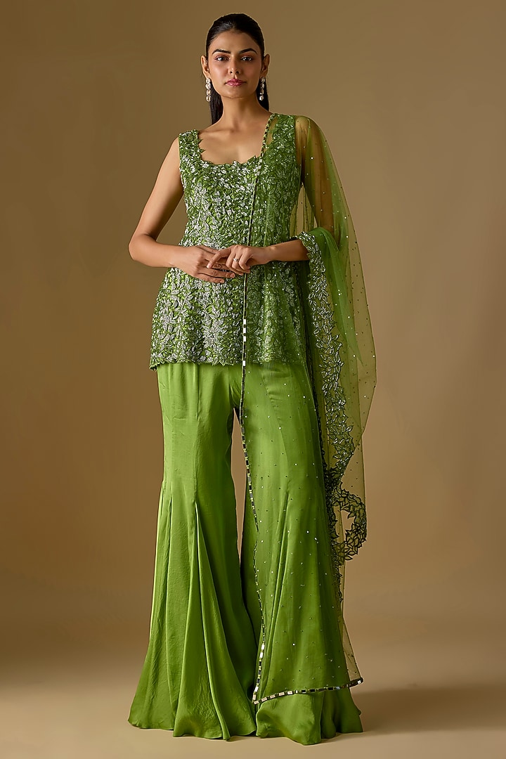 Olive Green Satin Hand & Machine Embroidered Wedding Sharara Set  by ASAGA at Pernia's Pop Up Shop