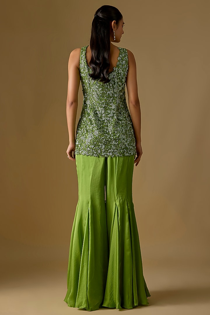 Olive Green Satin Hand & Machine Embroidered Wedding Sharara Set by ASAGA at Pernia's Pop Up Shop