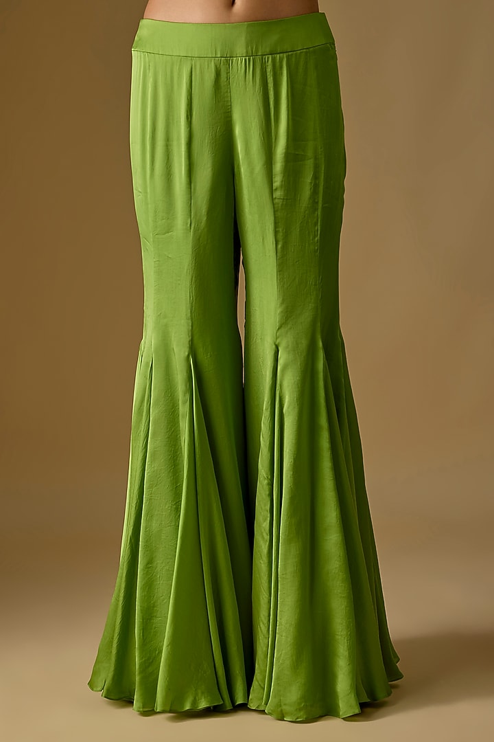 Olive Green Satin Hand & Machine Embroidered Wedding Sharara Set by ASAGA at Pernia's Pop Up Shop
