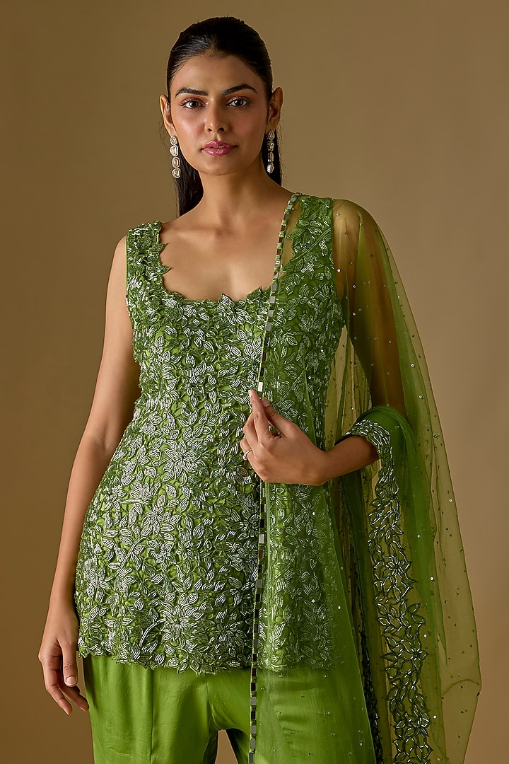 Olive Green Satin Hand & Machine Embroidered Wedding Sharara Set by ASAGA at Pernia's Pop Up Shop