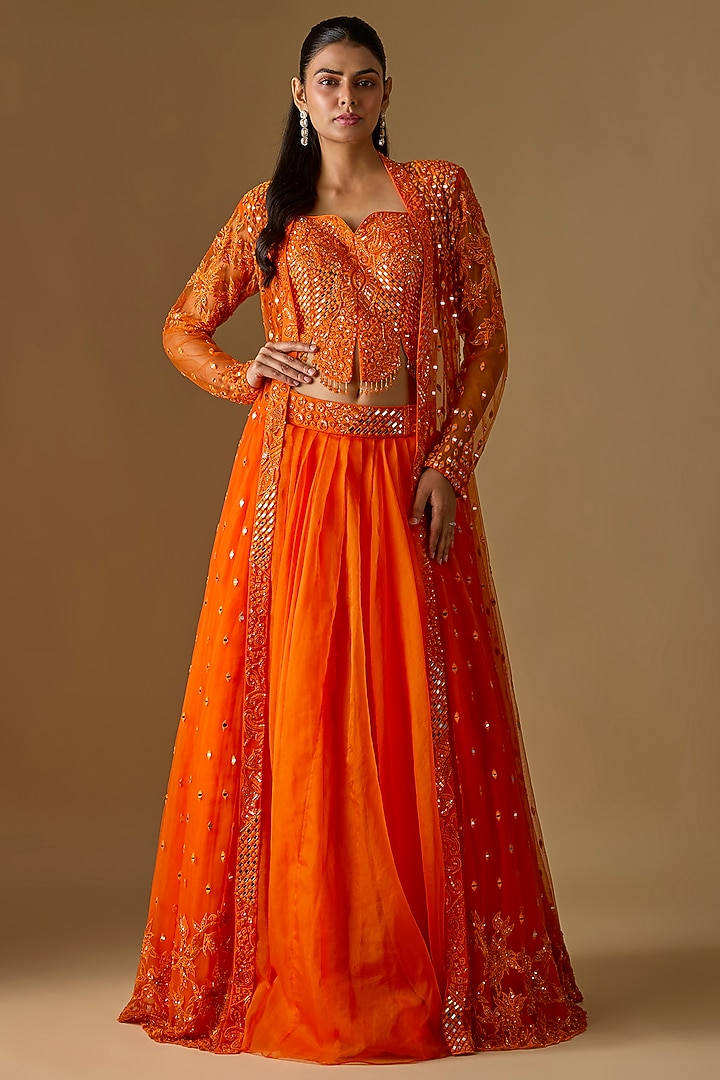 Orange Satin Organza Jacket Bridal Lehenga Set by ASAGA at Pernia's Pop Up Shop