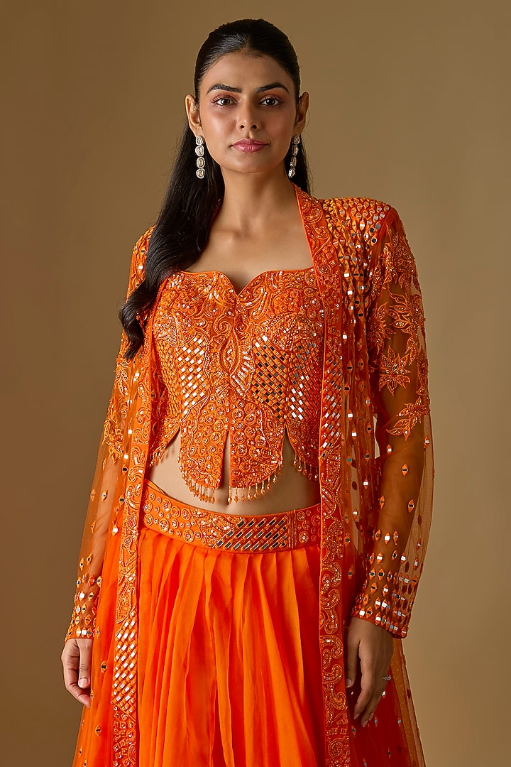 Orange Satin Organza Jacket Bridal Lehenga Set by ASAGA at Pernia's Pop Up Shop