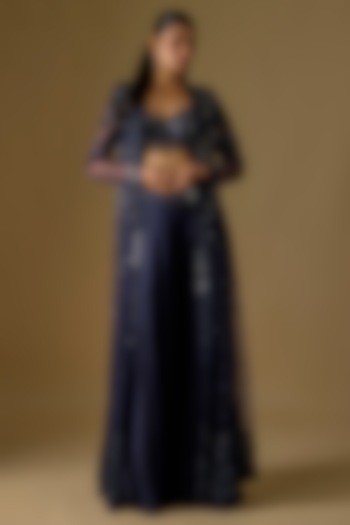 Navy Blue Satin & Tulle Hand Embroidered Jacket Set by ASAGA at Pernia's Pop Up Shop