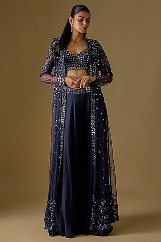 Navy Blue Satin & Tulle Hand Embroidered Jacket Set by ASAGA