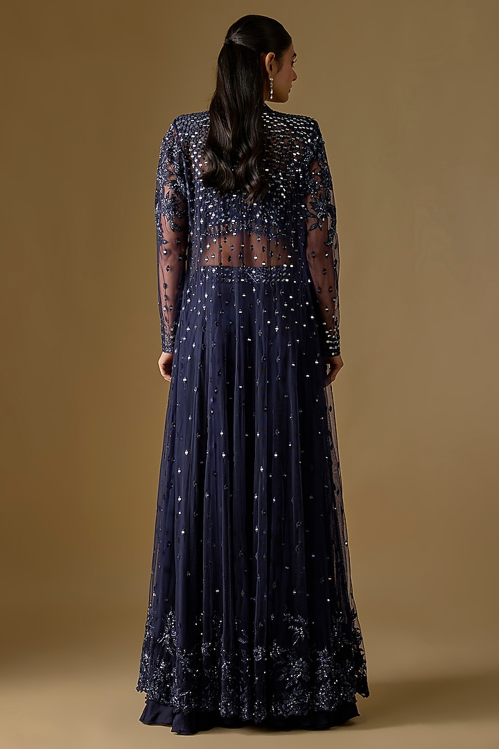 Navy Blue Satin & Tulle Hand Embroidered Jacket Set by ASAGA at Pernia's Pop Up Shop