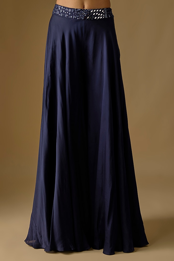 Navy Blue Satin & Tulle Hand Embroidered Jacket Set by ASAGA at Pernia's Pop Up Shop