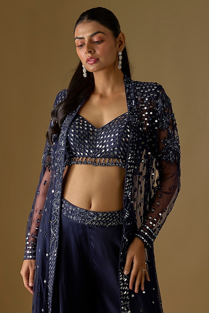 Navy Blue Satin & Tulle Hand Embroidered Jacket Set by ASAGA at Pernia's Pop Up Shop