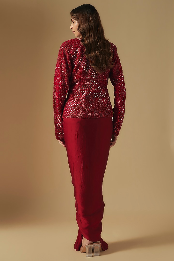 Red Satin Organza Draped Skirt Set by ASAGA at Pernia's Pop Up Shop