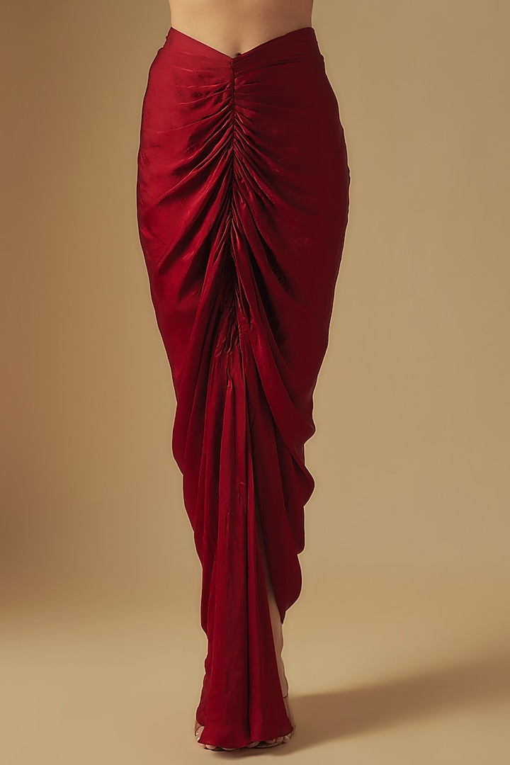 Red Satin Organza Draped Skirt Set by ASAGA at Pernia's Pop Up Shop